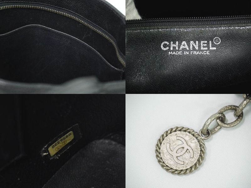 Authentic Chanel Coco Mark Revival Tote Handbag Caviar Skin Leather Black Coco