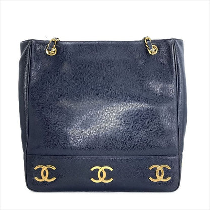 Chanel Triple Coco Mark Tote Bag Caviar Skin Navy Chain Shoulder Women