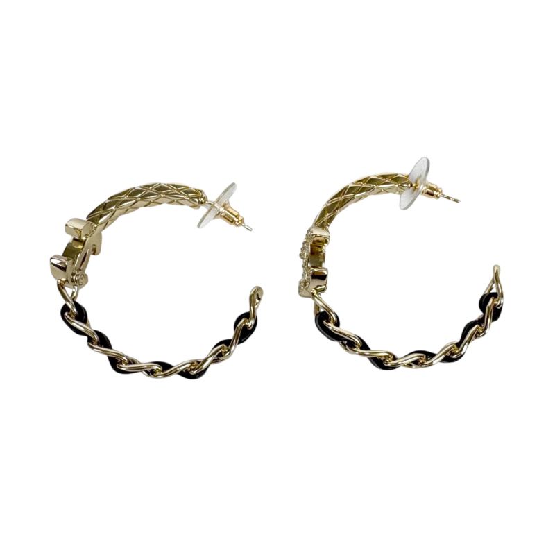 Chanel Hoop Earrings Rhinestone Materasse Coco Chain Leather Lambskin Black