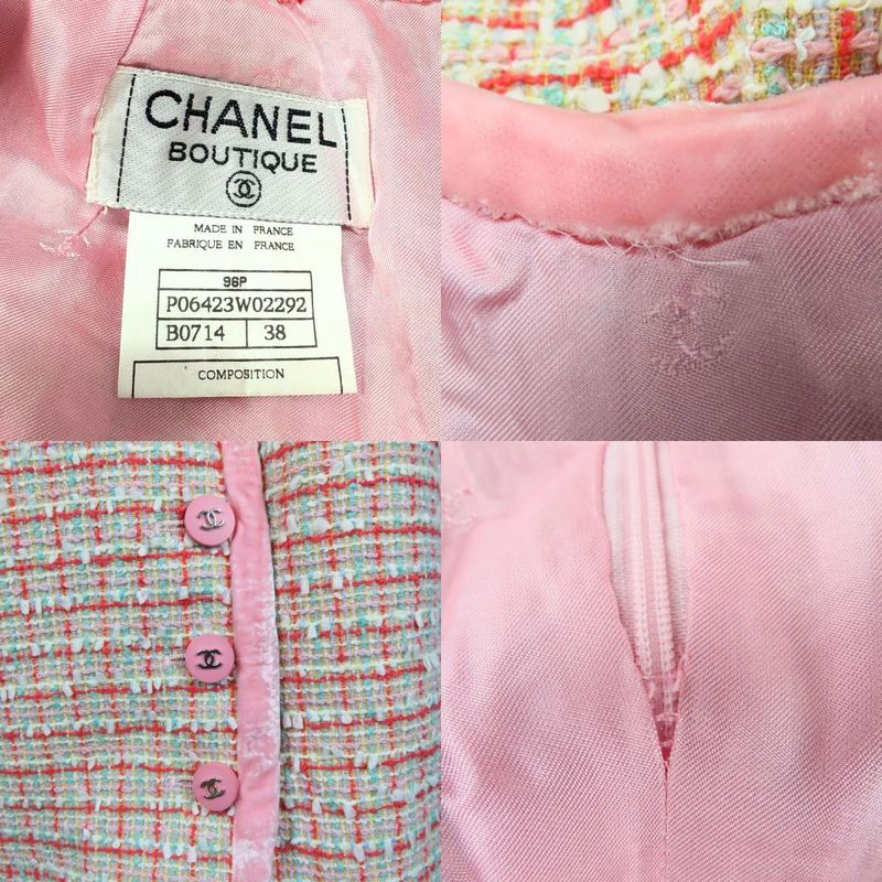 Chanel Set Up 38 Wool Cotton Nylon Pink Red Multicolor Tweed Coco Button