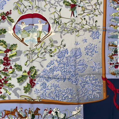 Hermes Carre 90 Neige D'antan Last Year's Snow Blue 100% Silk Scarf