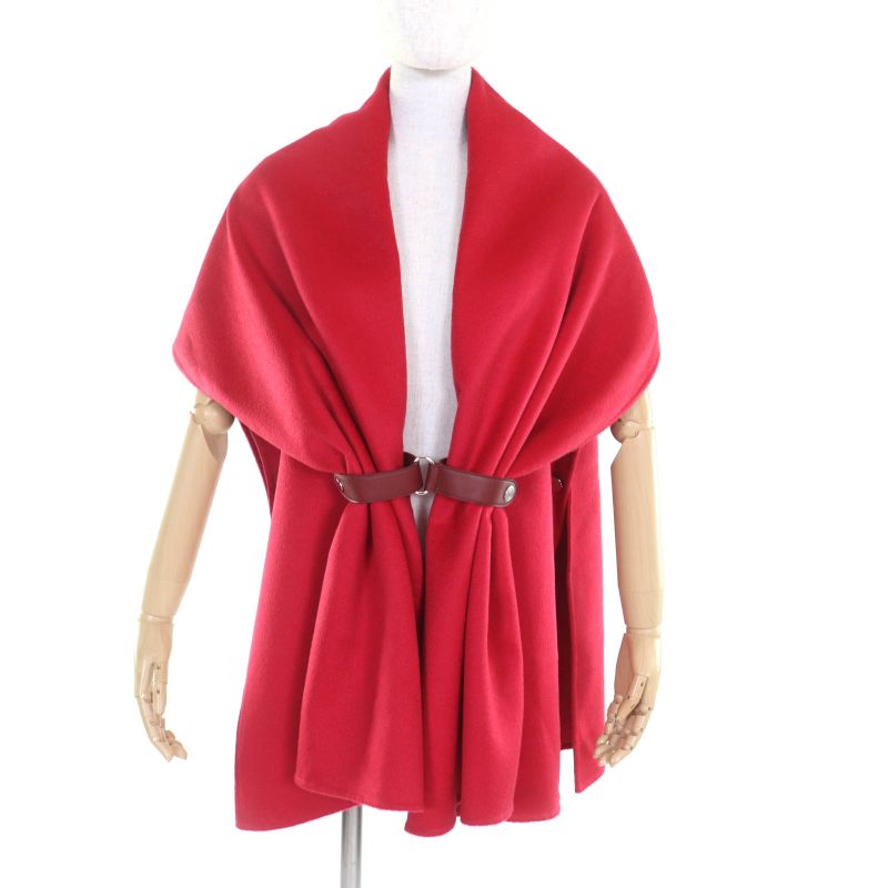Hermes 21-22aw Leather Belted 100% Cashmere Poncho/cape Coat Red 36 With