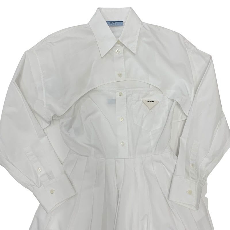 Prada Poplin Dress Cotton White Triangle Logo Set Suit