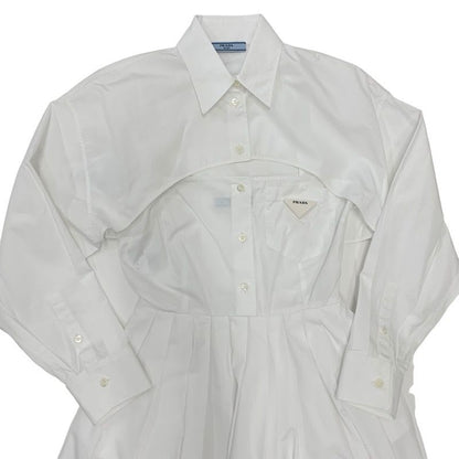 Prada Poplin Dress Cotton White Triangle Logo Set Suit