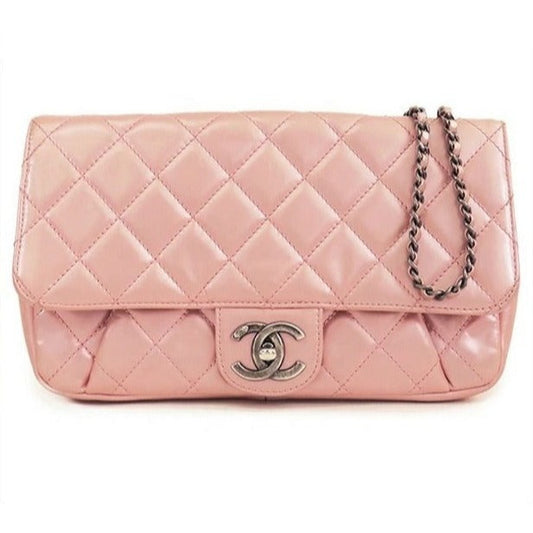 CHANEL Lambskin Quilted Flap Bag Purse Glazed Coco Pleasts Tote Pink