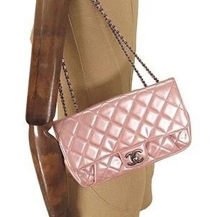 CHANEL Lambskin Quilted Flap Bag Purse Glazed Coco Pleasts Tote Pink