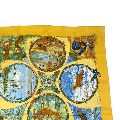 Hermes Carre 90 LES Quatre Saisons Four Seasons Brown Animal Floral Scarf Silk
