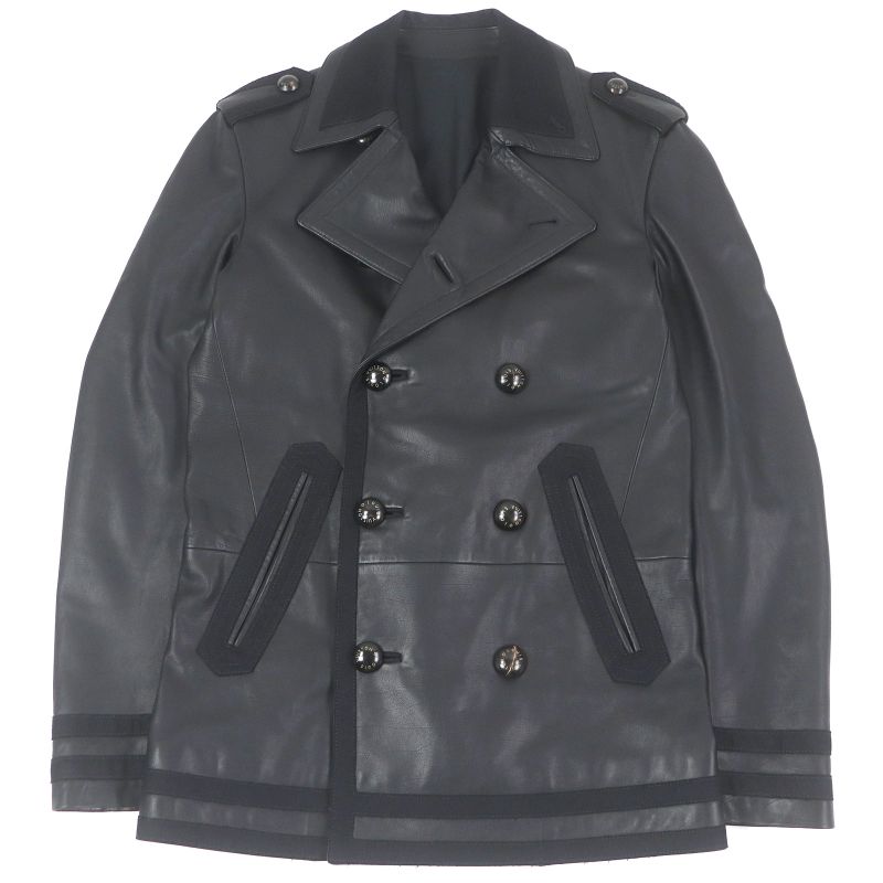 Louis Vuitton Double Breasted Leather Jacket Pea Coat Black 44 Made In France