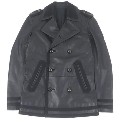 Louis Vuitton Double Breasted Leather Jacket Pea Coat Black 44 Made In France