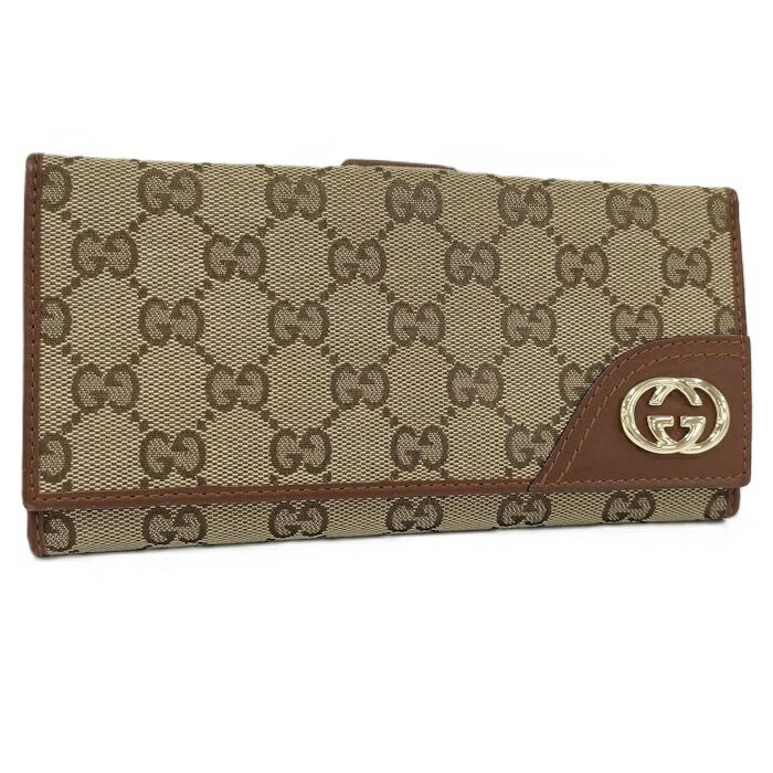 Gucci Trifold Wallet Leather Canvas Beige Brown 181593