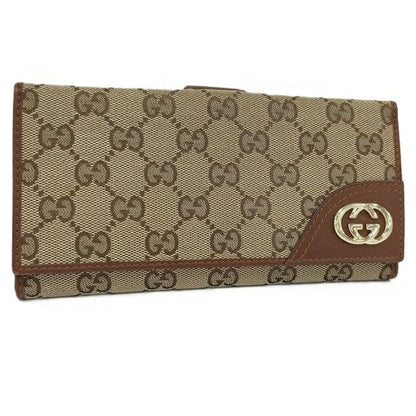 Gucci Trifold Wallet Leather Canvas Beige Brown 181593