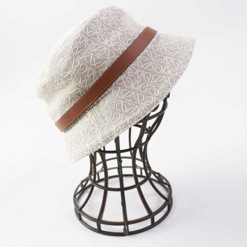 LOEWE Cotton Polyester Calf Leather Anagram Jacquard Hat / Bucket Hat Beige