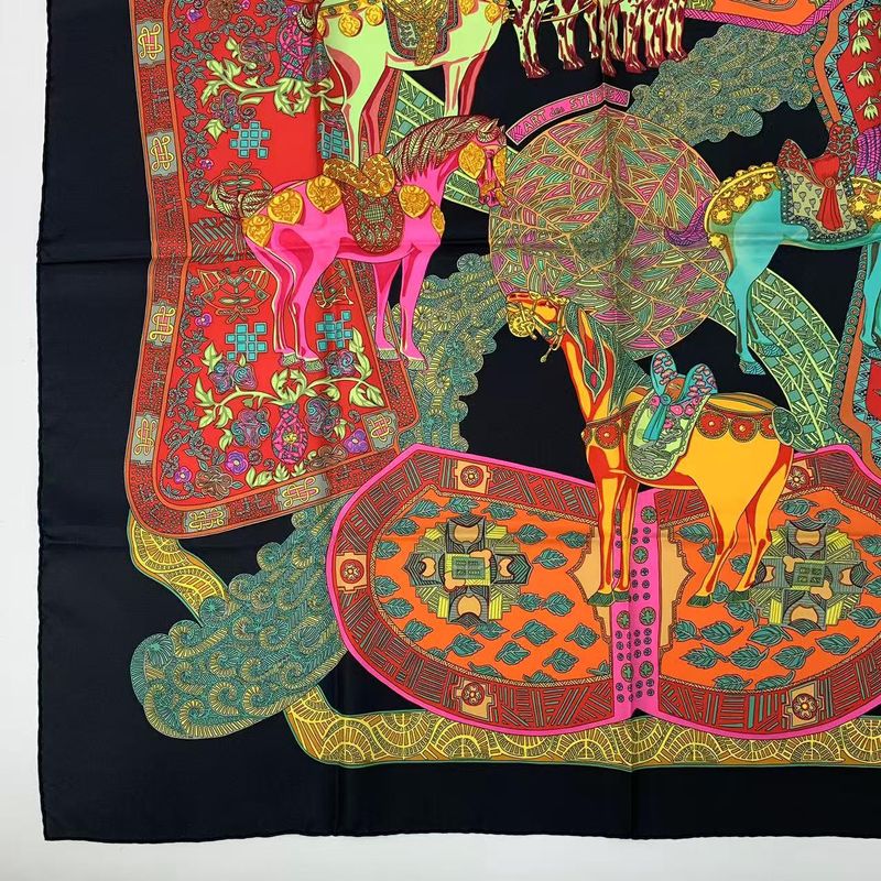Hermes Carre 90 Artdessteppes Step Art Scarf Black Silk Black
