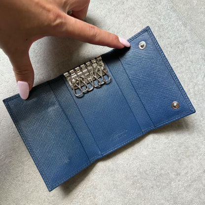 Prada Triangle 6 Continuous Key Case Saffiano Leather Rfid Navy Triangle Logo