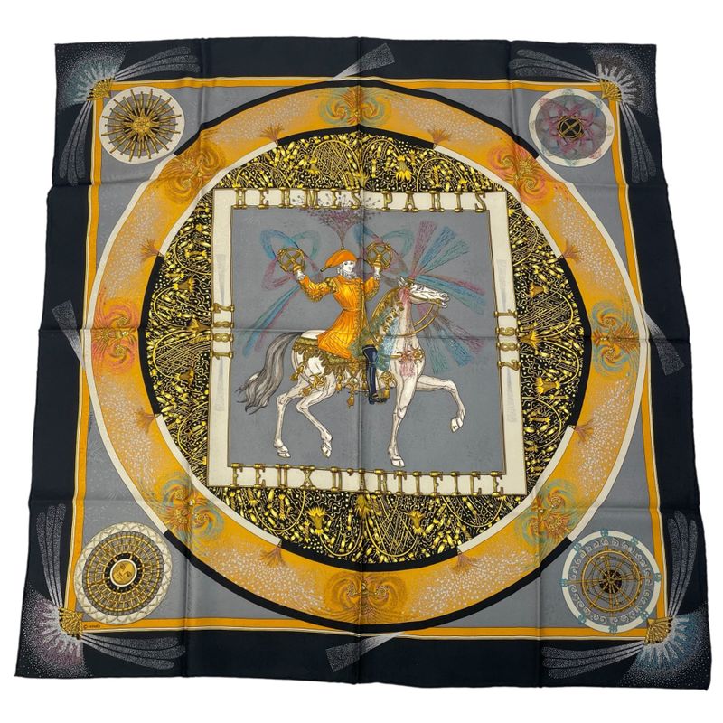 Hermes Carree 90 FEUX D'artifice Artisanal Fire Silk Scarf Black