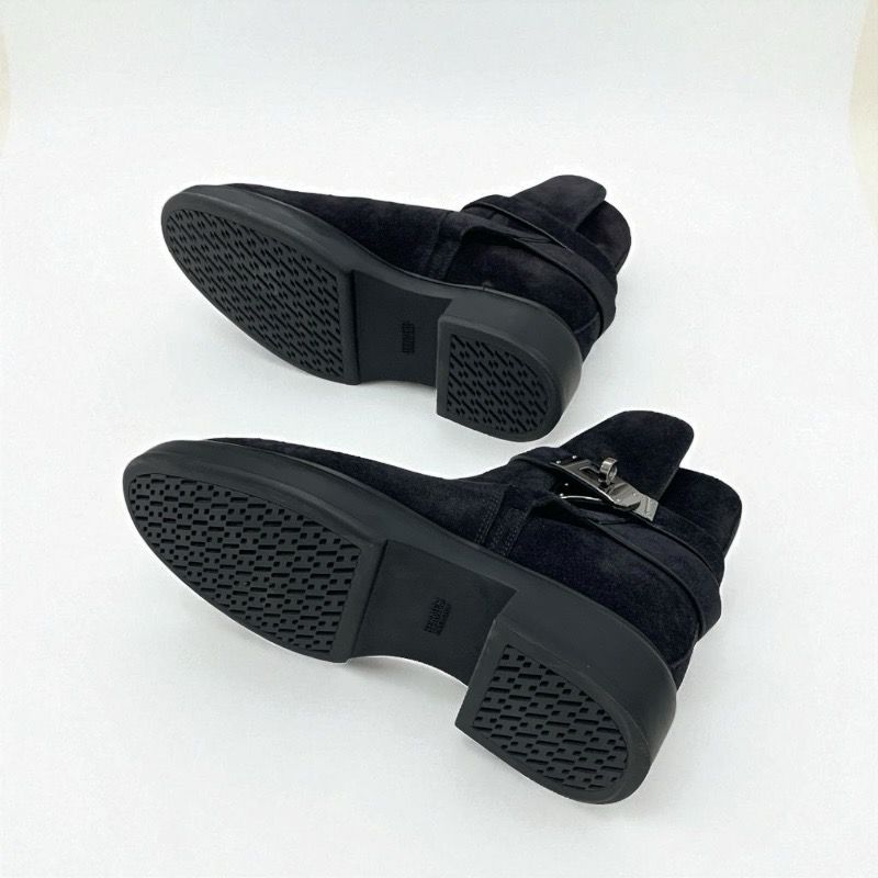 Hermes Veo Boots Short Boots Shoes Suede Mouton Black Silver Kelly Hardware