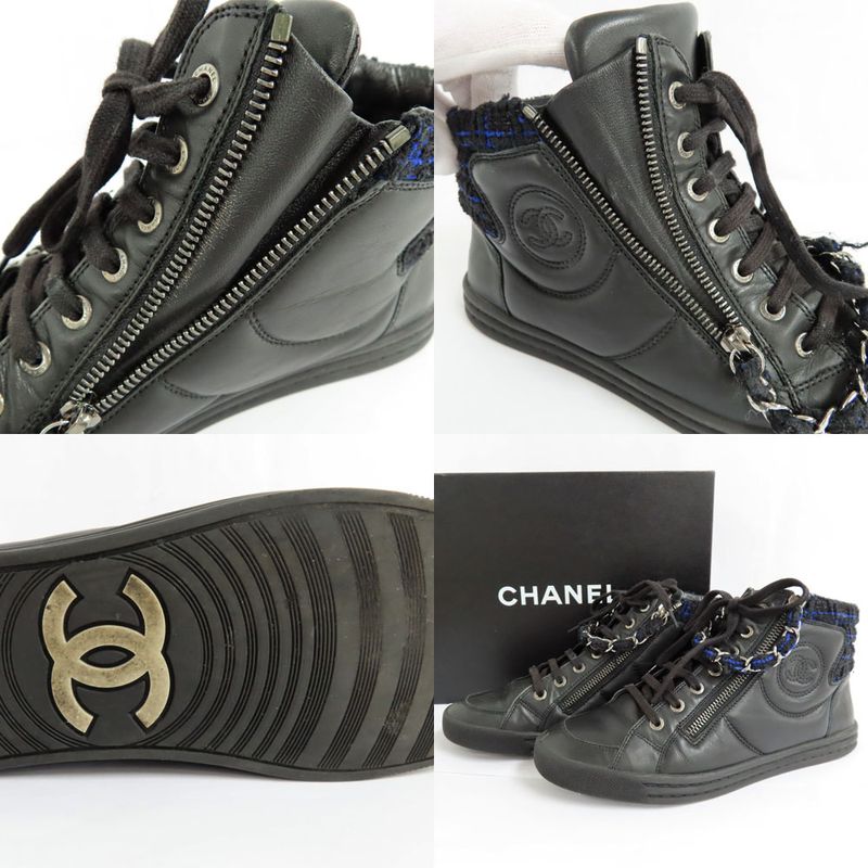 Chanel High Cut Sneakers Chain Double Zip 37 Coco Mark Black Leather