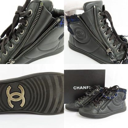 Chanel High Cut Sneakers Chain Double Zip 37 Coco Mark Black Leather
