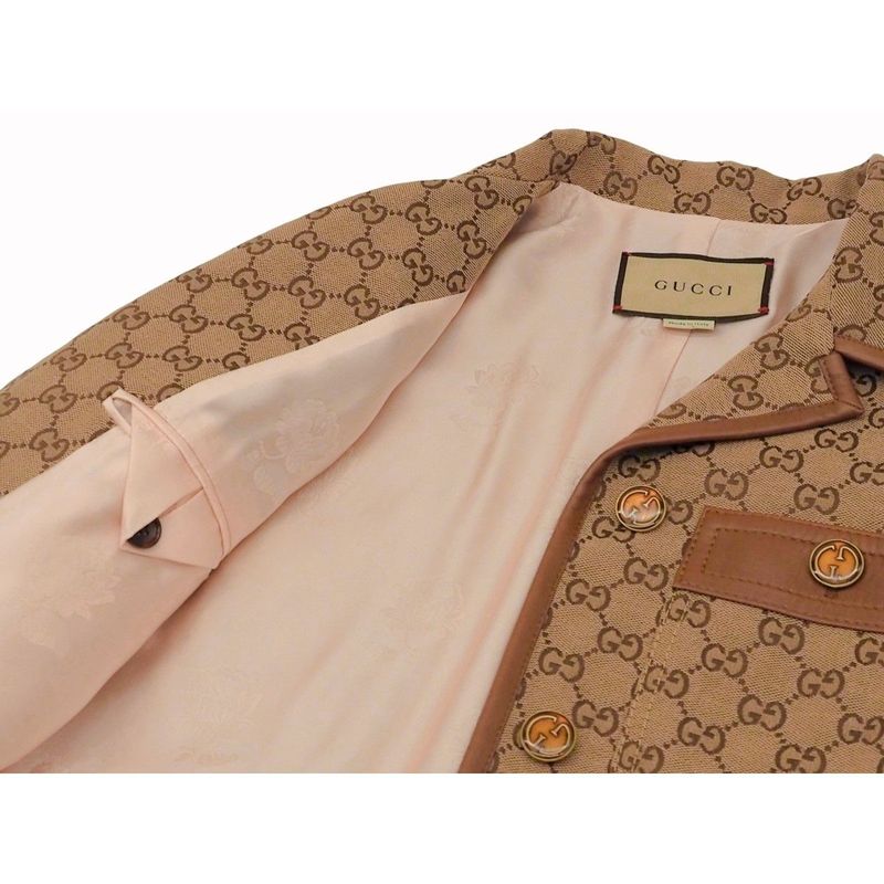 Gucci GG Canvas Jacket Web Stripe with Belt Women's Outerwear Leather Trim