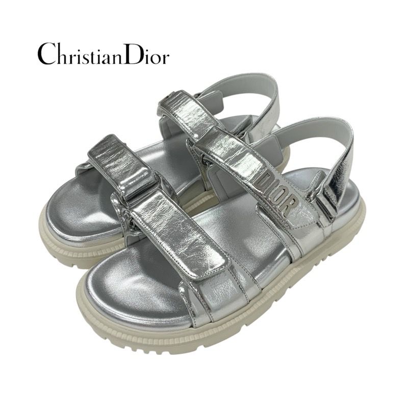 Christian Dioract Sandals Shoes Leather Metallic Silver Unused Logo Lambskin