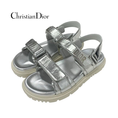Christian Dioract Sandals Shoes Leather Metallic Silver Unused Logo Lambskin