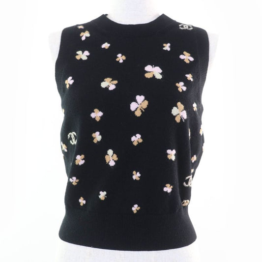 CHANEL 24SS P76928k11094 Cashmere Clover Coco Mark Knit Vest Top Black 36 Made