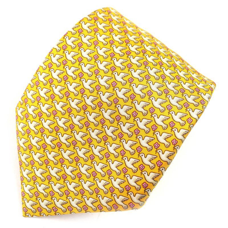 Hermes 100% Silk Regimental Pigeon Dove Cravat Tie Yellow Tone Made In France