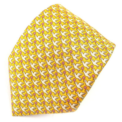 Hermes 100% Silk Regimental Pigeon Dove Cravat Tie Yellow Tone Made In France