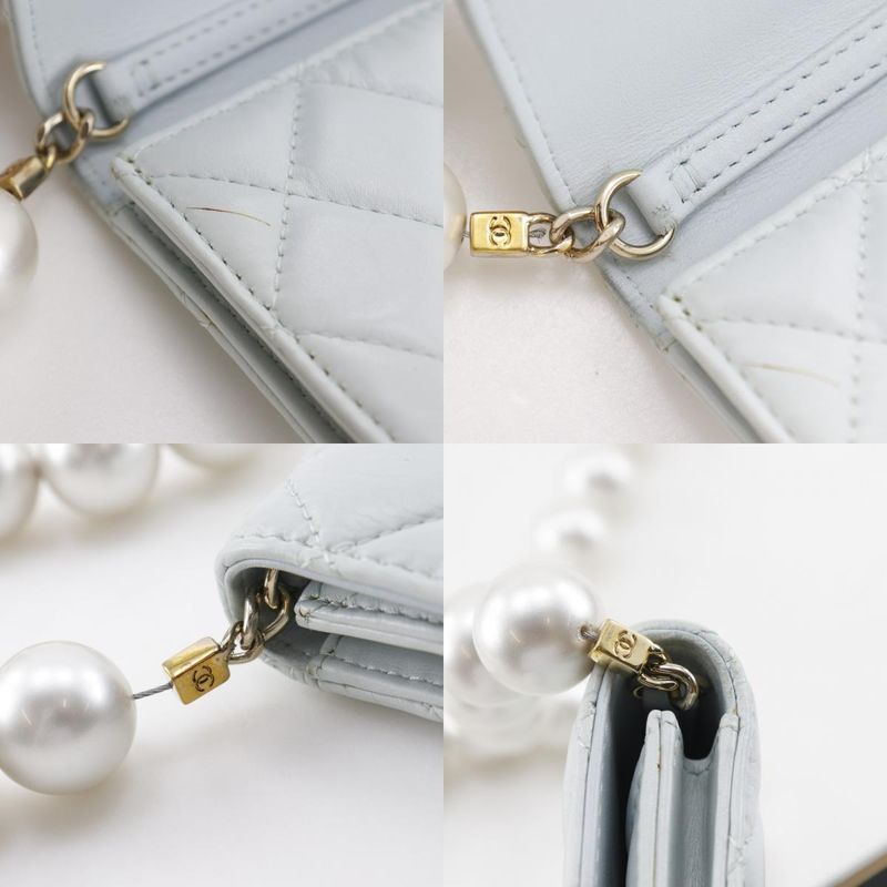 Chanel Pearl Strap Flap Wallet Matelasse Ap1838 Leather X Faux Pearl Light Blue