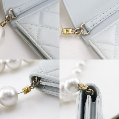 Chanel Pearl Strap Flap Wallet Matelasse Ap1838 Leather X Faux Pearl Light Blue