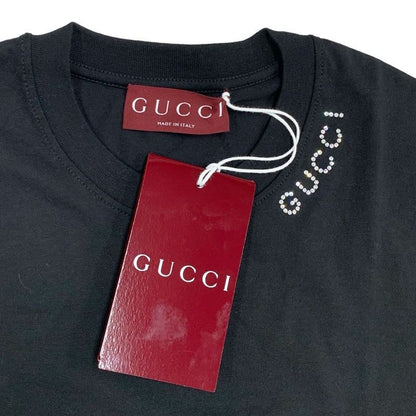 Gucci Light Cotton Jersey T-Shirt Top Black Logo Rhinestone