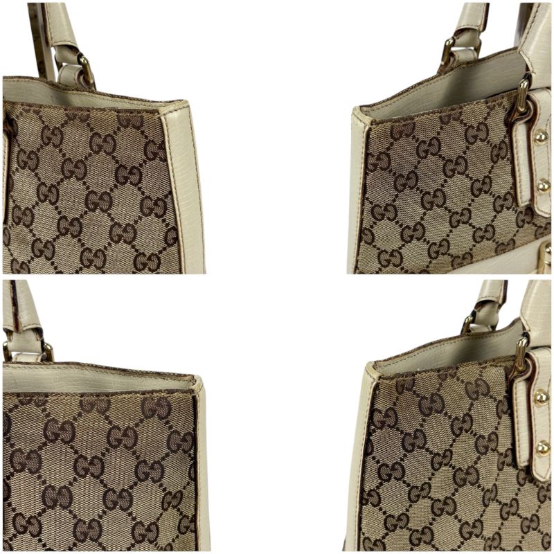 Gucci Tote Bag Hustler Bit Horsebit GG Canvas White Brown Leather Shoulder