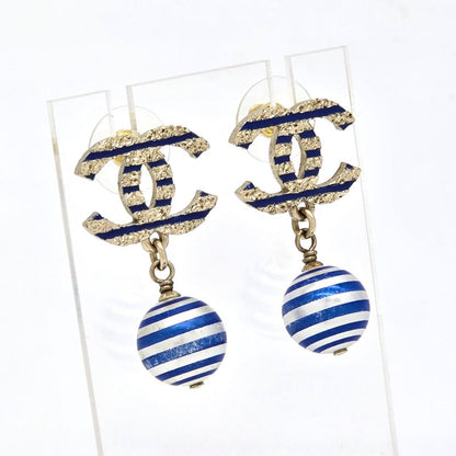 Chanel Coco Mark Earrings Binaural Ball Drop Border Blue/silver Color Gold