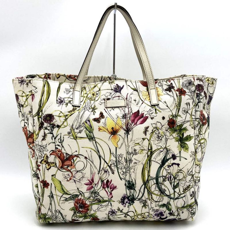 Gucci 282439 Tote Handbag Flora White Multicolor Canvas Leather Fashion Women