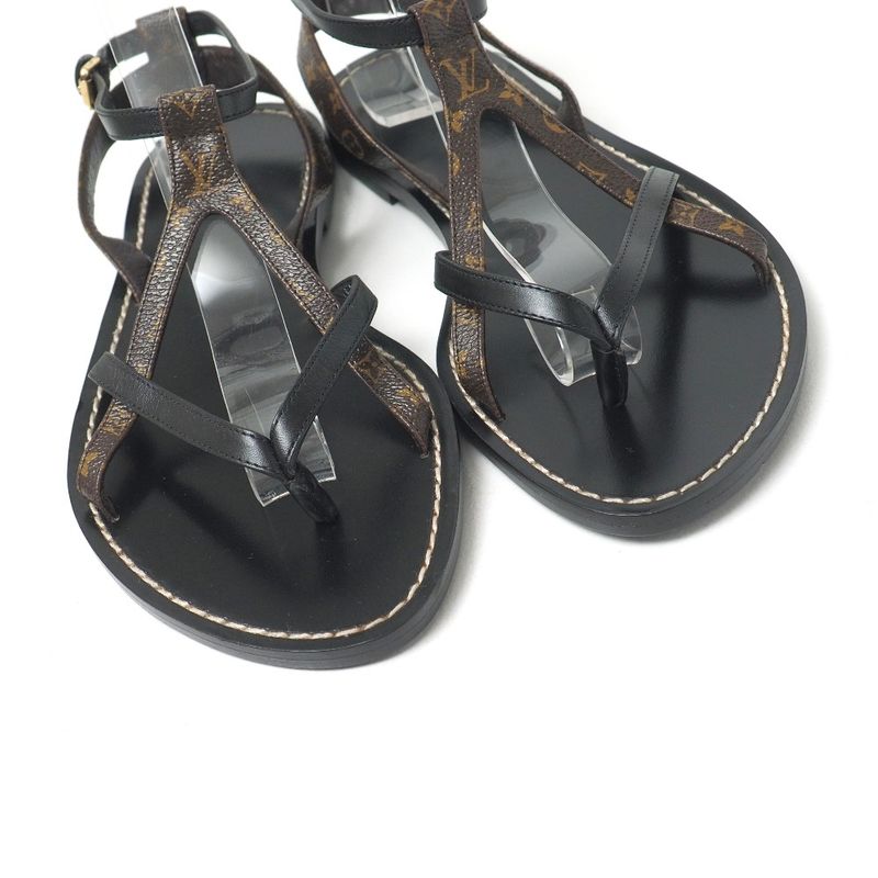 Louis Vuitton Sandals Size 37 Monogram LV Logo Ankle Strap Flat Thong Sandals