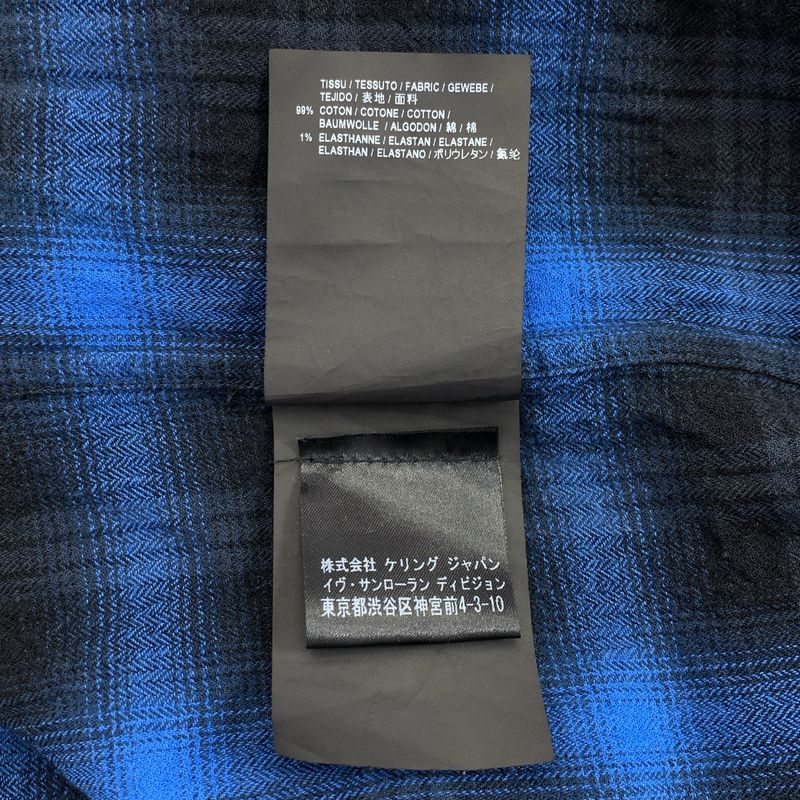 Saint Laurent Paris | Ombre Check Open Collar Short Sleeve Shirt | 36 14 | Blue