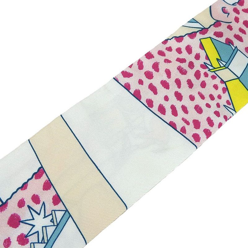 Hermes Twille Scarf 100% Silk Animapolis White Green Pink Multicolor Small