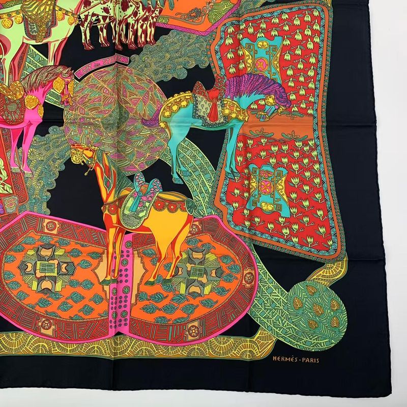 Hermes Carre 90 Artdessteppes Step Art Scarf Black Silk Black