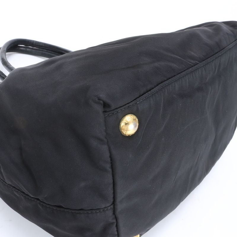 Prada Tessuto Nylon Ribbon Design Leather Tote Bag Shoulder Hand Black Women