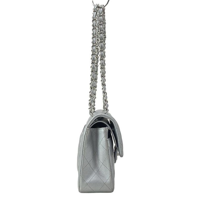 Chanel Shoulder Bag Double Flap Matelasse A01113 Metallic Gray Metal Serial