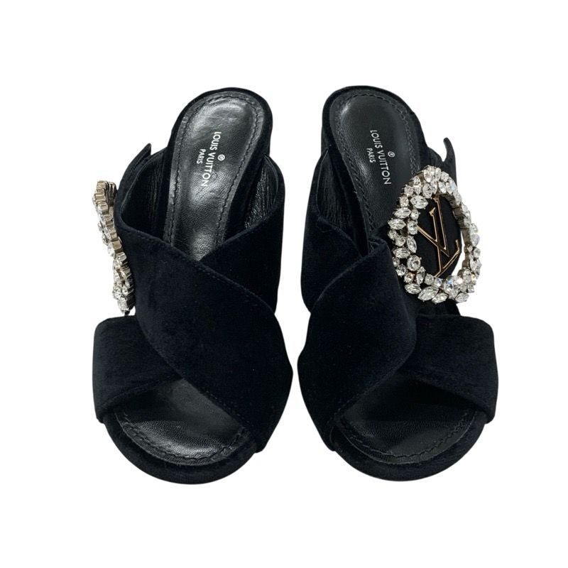 Louis Vuitton Sandals Shoes Velor Black LV Logo Bijou Mules