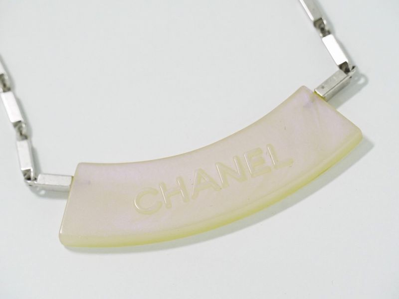 Authentic Chanel Logo Necklace Pendant Plastic Metal Silver Hardware White