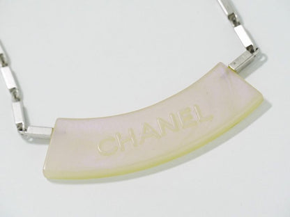 Authentic Chanel Logo Necklace Pendant Plastic Metal Silver Hardware White