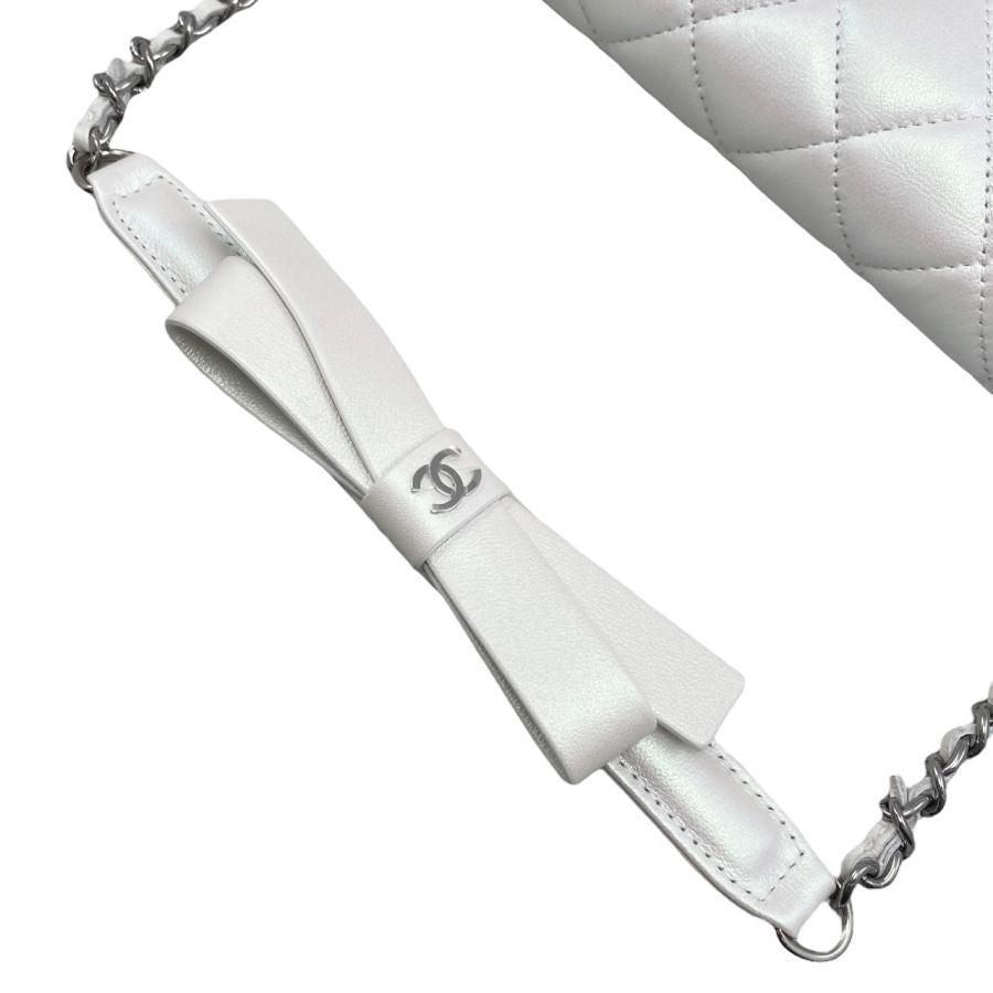 Chanel Shoulder Bag Ribbon Chain Wallet Matelasse Lambskin Coco Mark Pearly