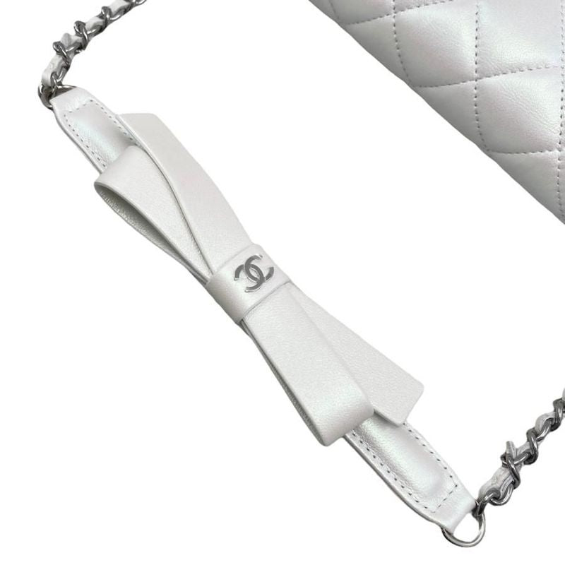 Chanel Shoulder Bag Ribbon Chain Wallet Matelasse Lambskin Coco Mark Pearly