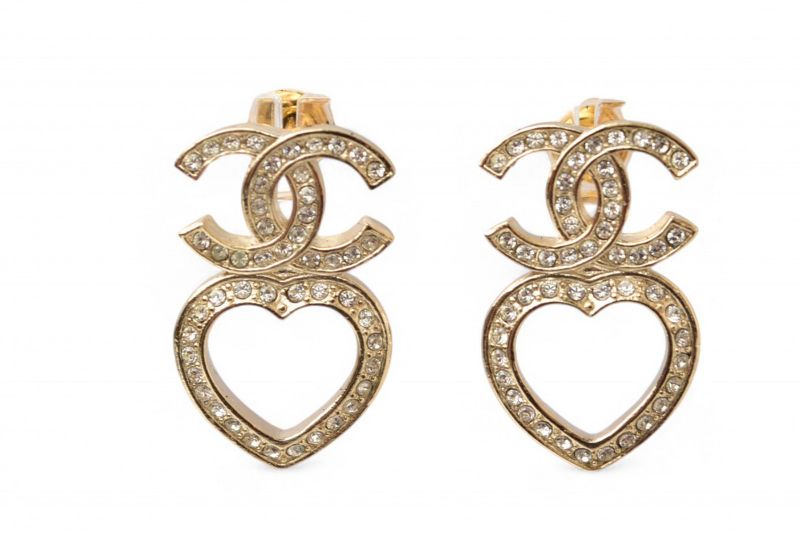 Chanel Earrings Accessories Chanel CC Mark Heart Motif Rhinestone Gold