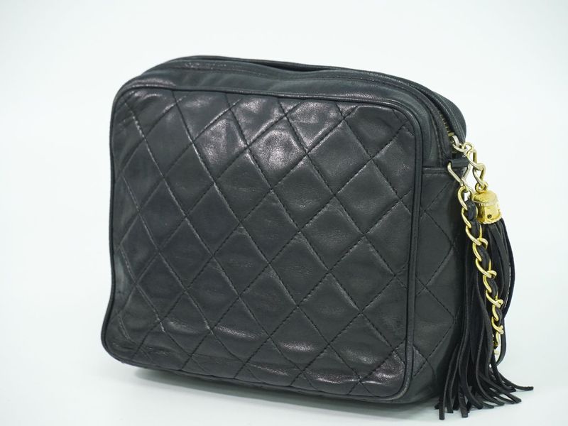 Authentic Chanel Coco Mark Matelasse Tassel Chain Shoulder Bag Pochette