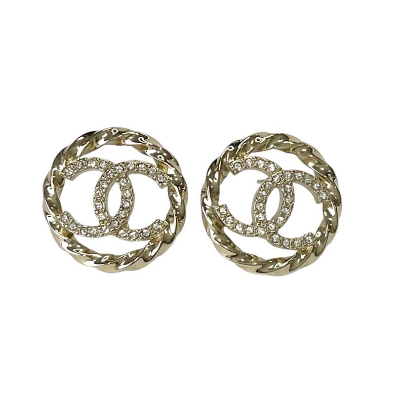 Chanel Earrings Gold Coco Mark Rhinestone Circle