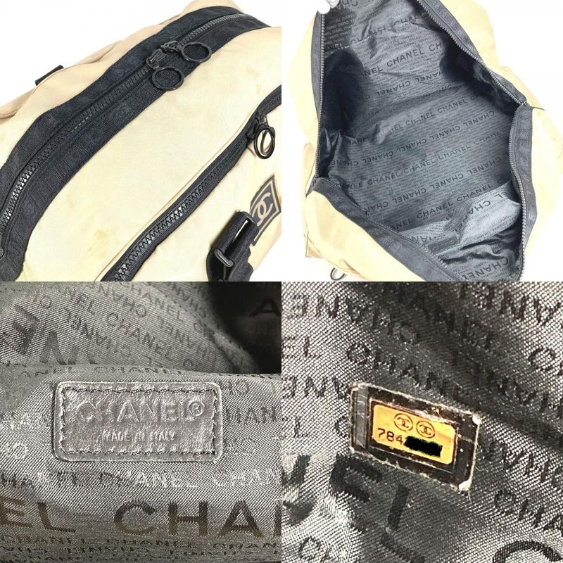 Chanel Boston Bag CC Coco Mark Logo Nylon Canvas Beige