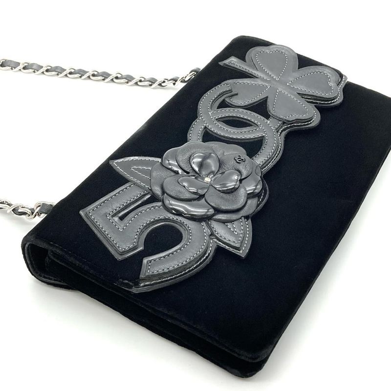 Chanel Camellia No5 Clover Shoulder Bag Velvet Black Coco Mark Chain Shoulder